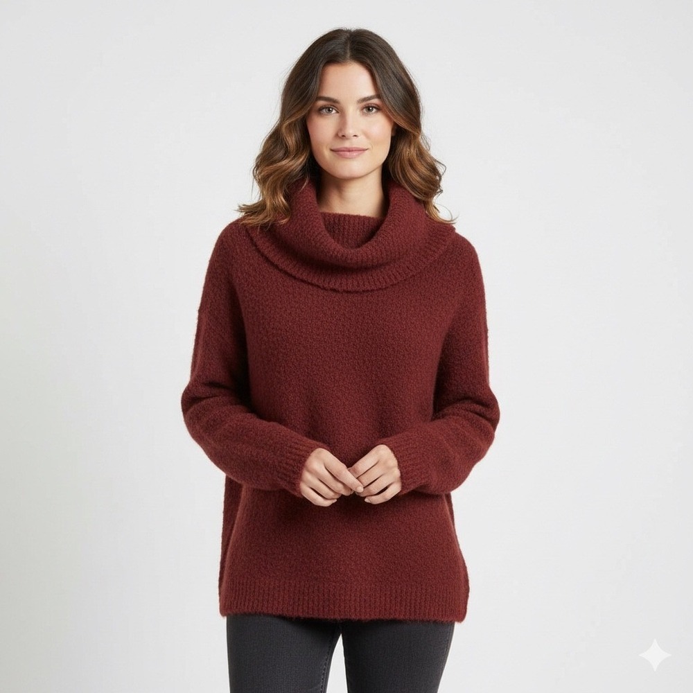 Vince Boucle Turtleneck Tunic Sweater Ruby Ink Red Alpaca Wool Blend Small